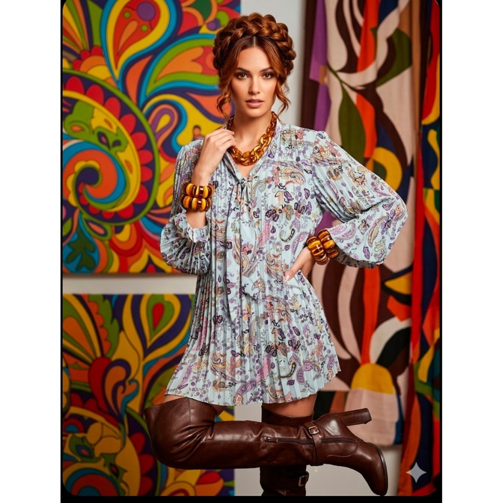 Miss Kelly 1999 Boho Paisley Pleated Mini Dress or Tunic Top Size Large